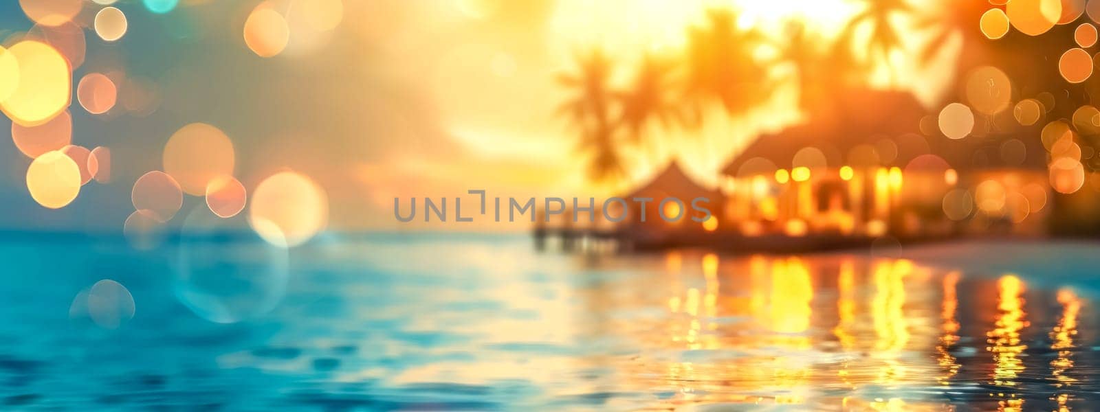 A dreamy, blurred vision of a tropical resort at sunset, with shimmering reflections on water and a bokeh of golden lights creating a serene vacation ambiance, banner with copy space