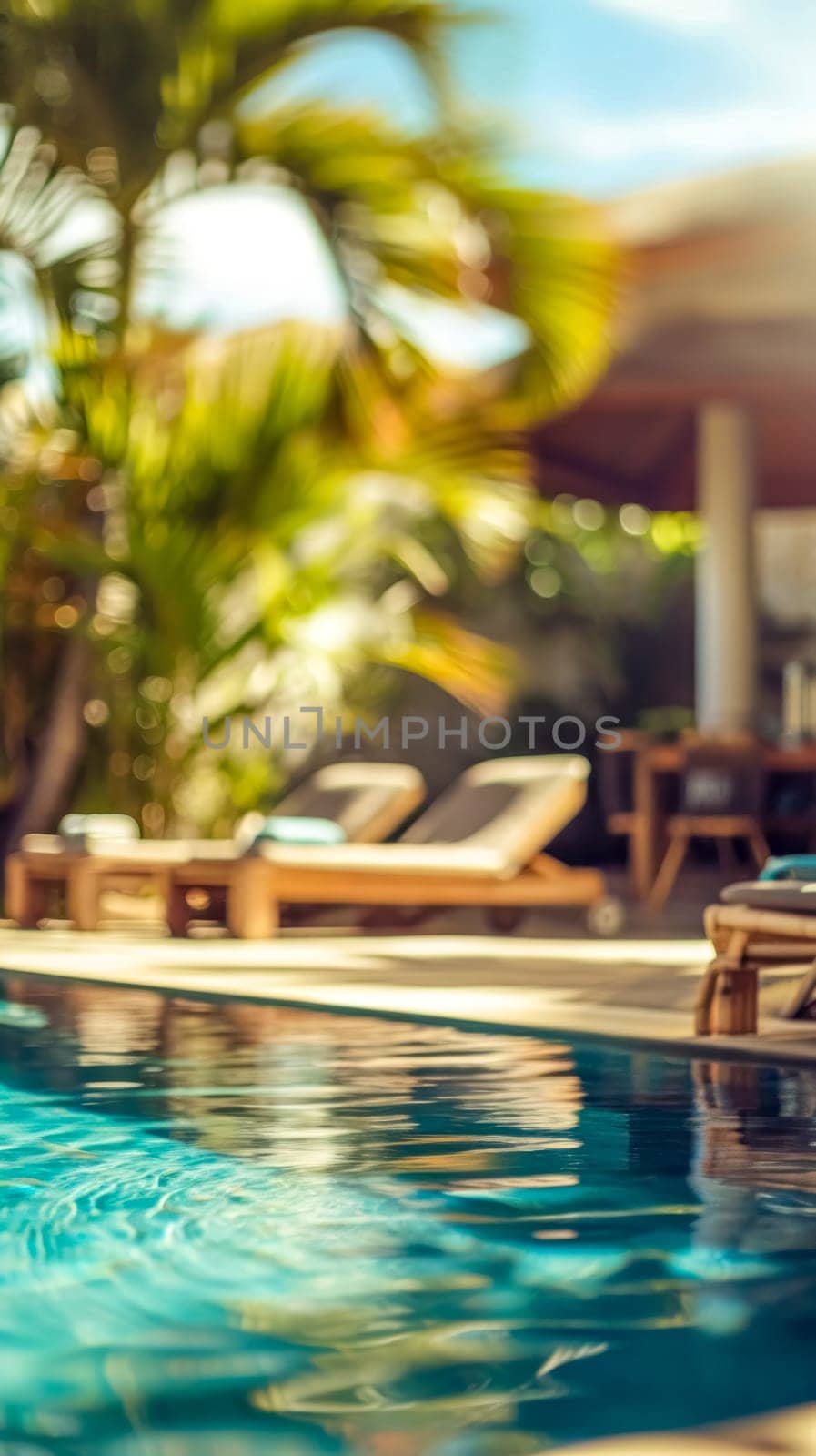 A tranquil and luxurious poolside blurred in the foreground with sun loungers in the background, nestled among lush tropical foliage basking in the sun's warm glow. vertical