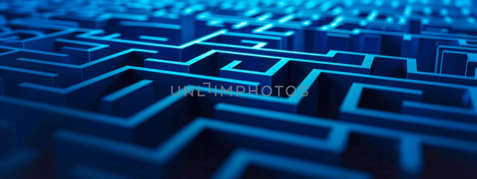 An intricate blue maze under a soft focus, with a deep neon glow that casts a mysterious and challenging atmosphere, perfect for backgrounds and conceptual designs, banner
