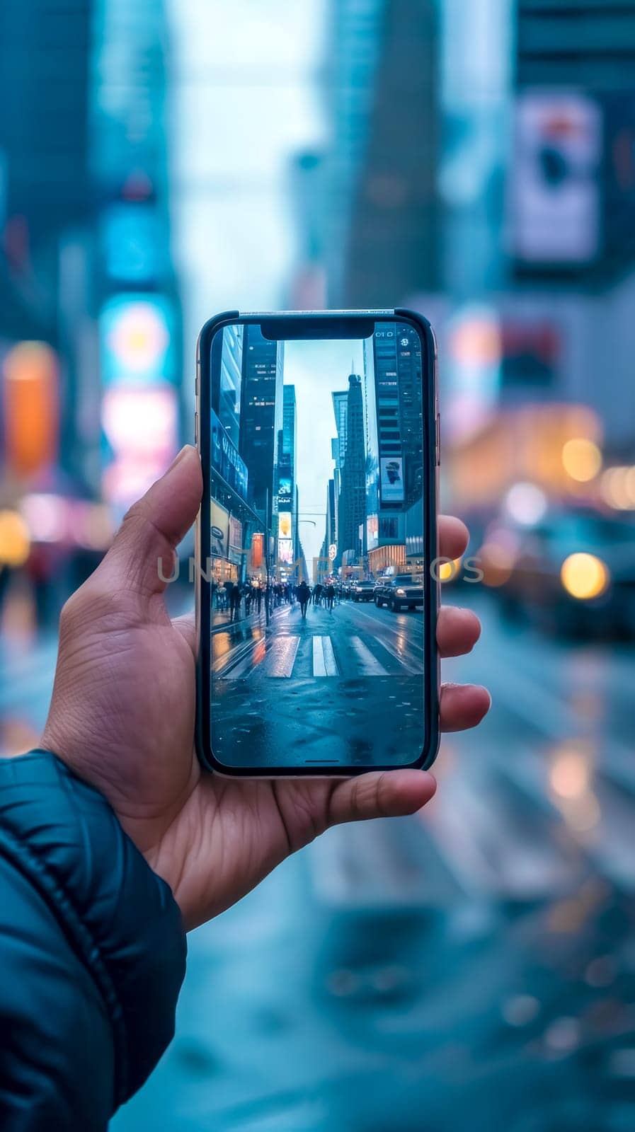 A hand holding a smartphone captures a bustling city street scene, displayed on the device's screen, juxtaposing the crisp digital image against the blurred reality in the background, vertical