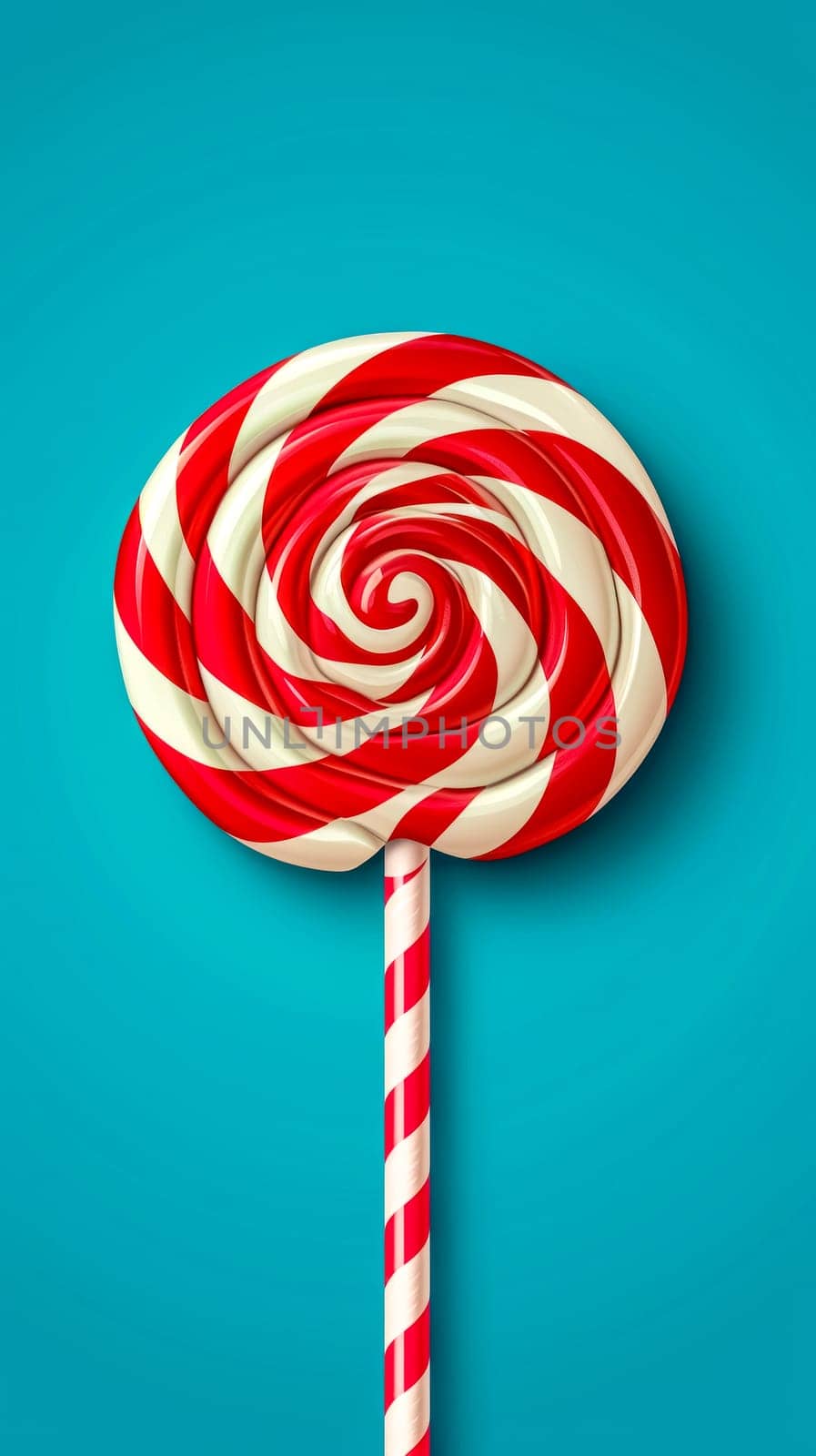 A vibrant red and white striped lollipop stands out against a bright turquoise background, creating a playful and appealing visual with a clear space for text or additional graphics, vertical