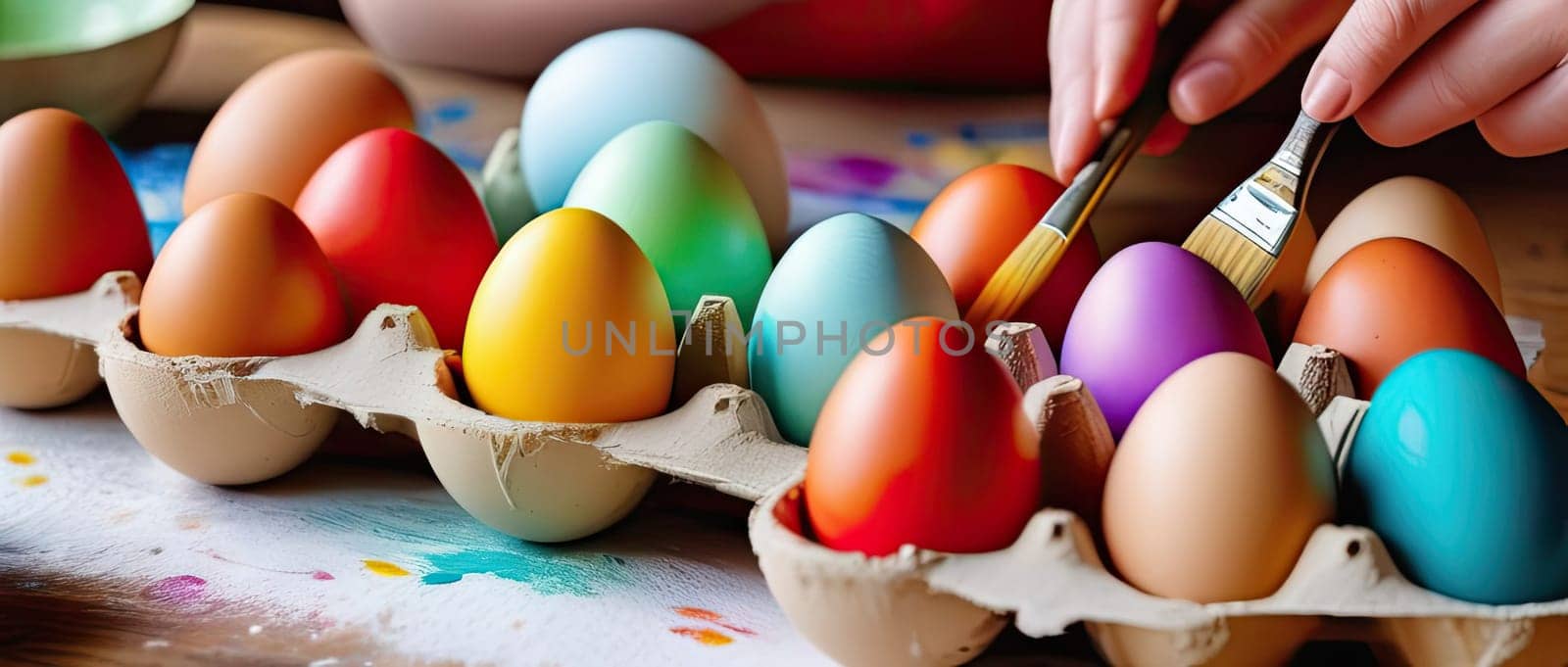 Banner, Easter concept. Multi-colored Easter eggs in a tray close-up. A woman's hand with a brush paints eggs for the holiday. With my own hands.