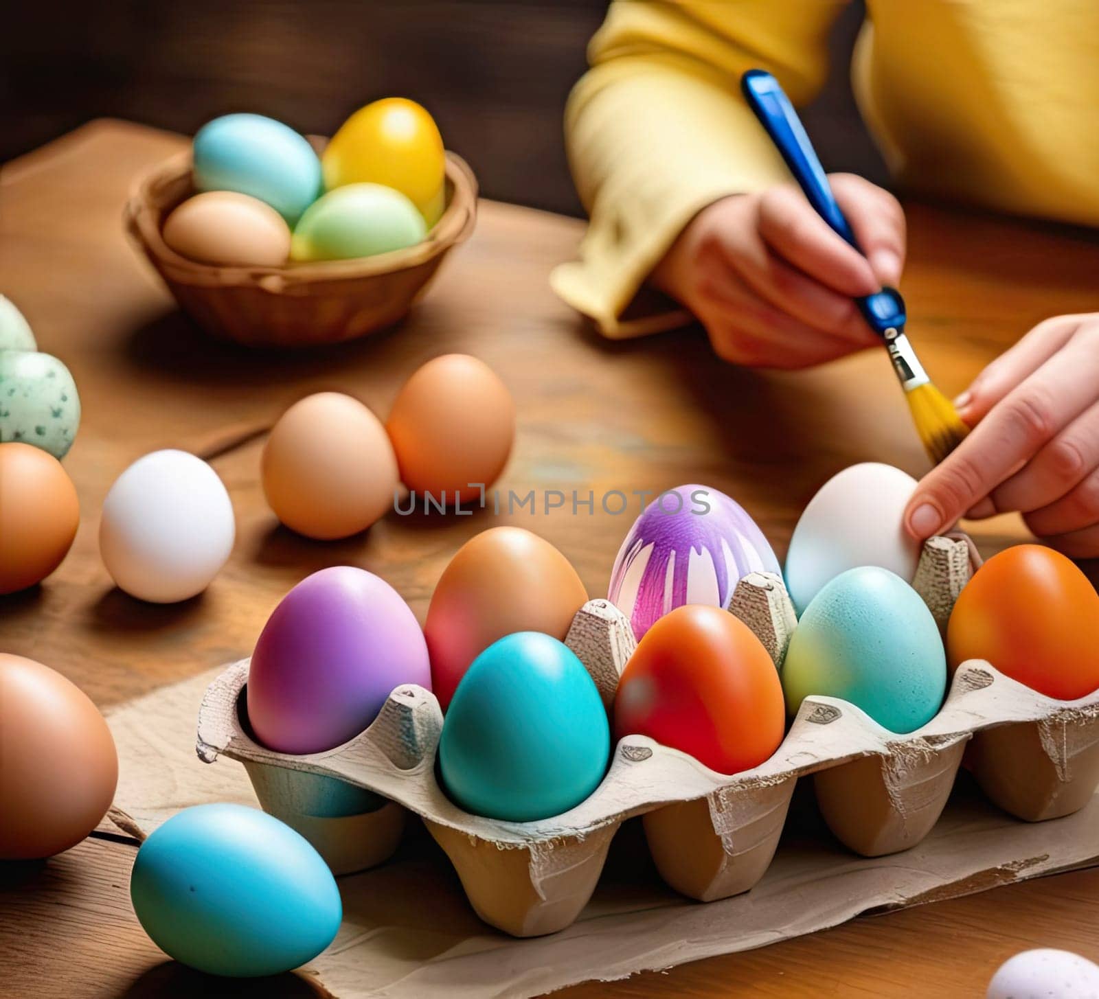 Banner, Easter concept. Multi-colored Easter eggs in a tray close-up. A woman's hand with a brush paints eggs for the holiday. With my own hands.