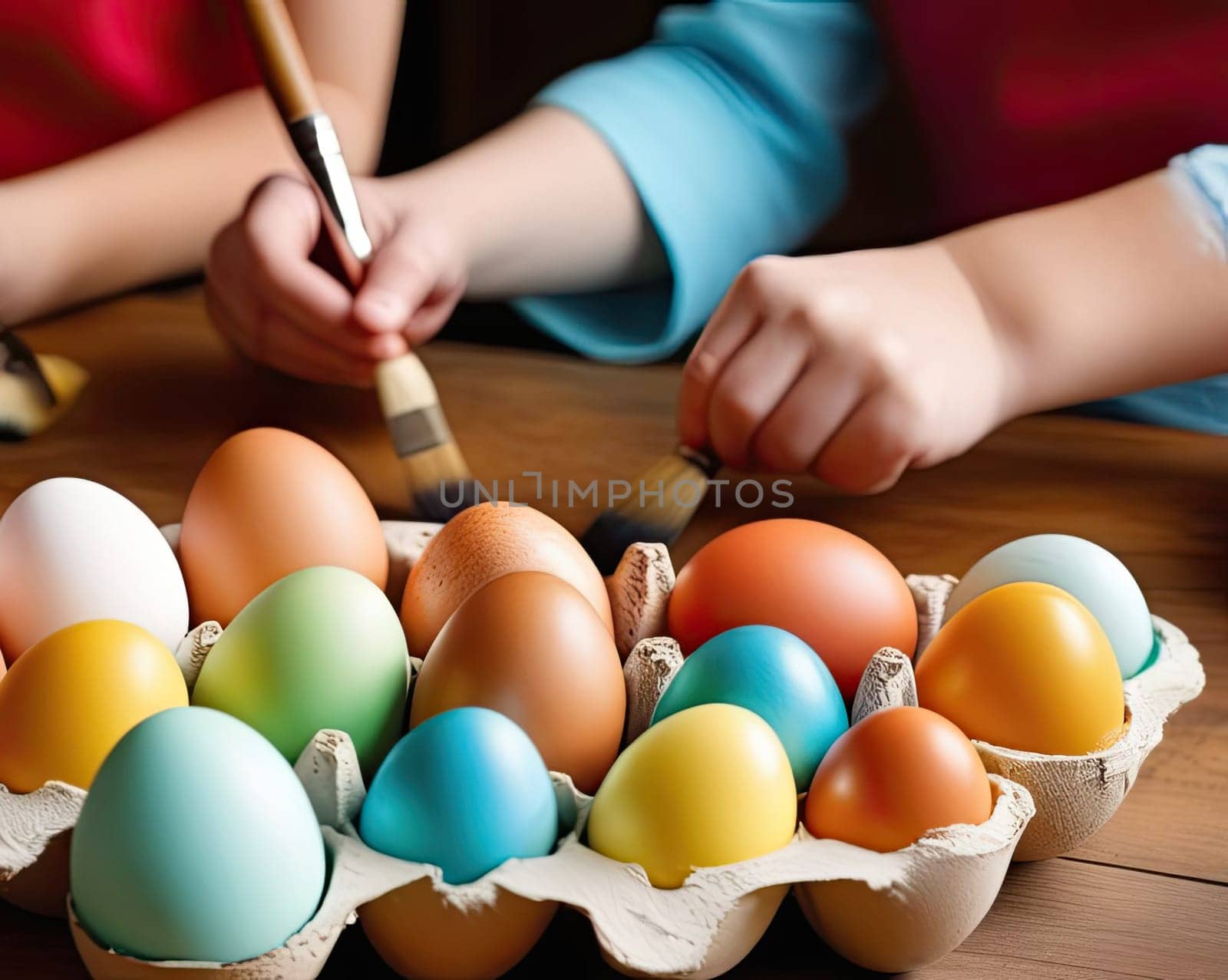 Banner, Easter concept. Multi-colored Easter eggs in a tray close-up. A woman's hand with a brush paints eggs for the holiday. With my own hands.