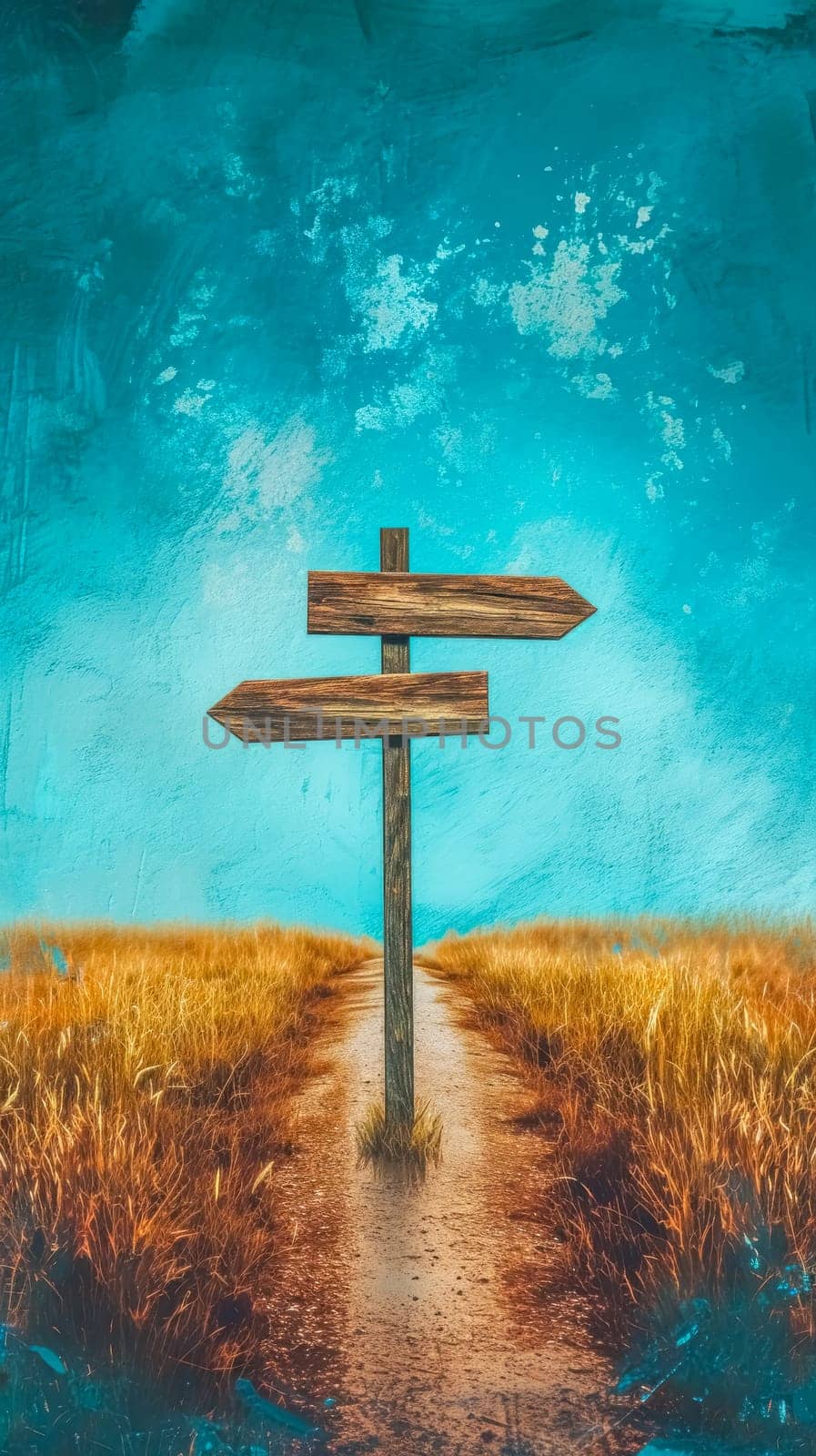 wooden signpost with blank directional arrows at a fork in a rural path, set against a striking turquoise textured backdrop, symbolizing choice and direction by Edophoto