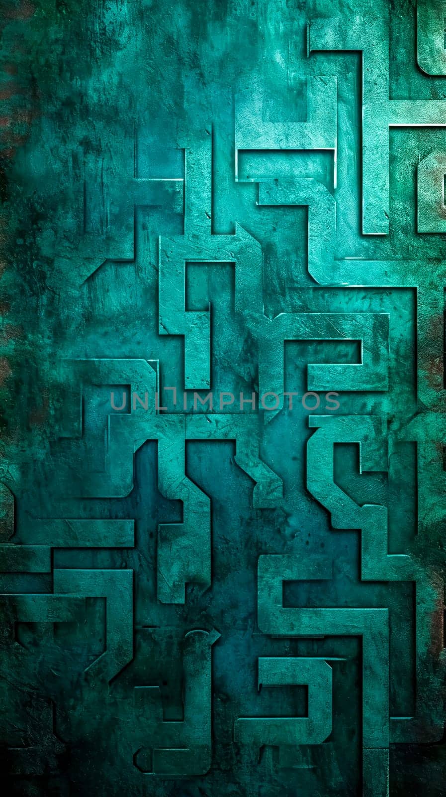 A complex maze design carved into a textured, teal-colored wall, creating a mysterious and thought-provoking background with a strong sense of challenge and intrigue, vertical