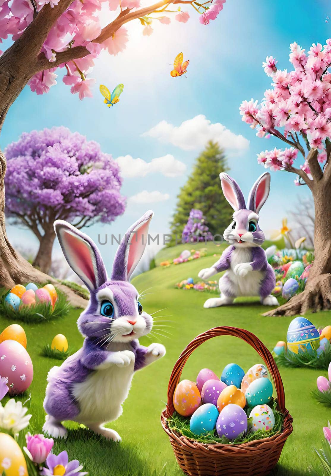 Easter bunny with basket of colorful eggs and flowers in the garden. by yilmazsavaskandag
