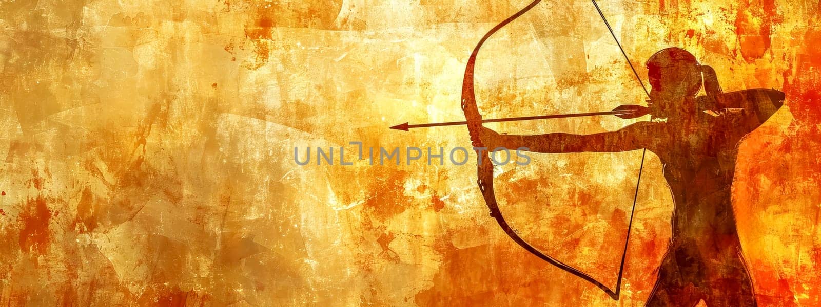 silhouette of an archer pulling back on a bowstring, poised to release an arrow, set against a textured, gritty, rustic atmosphere, with ample space for text or further design elements by Edophoto