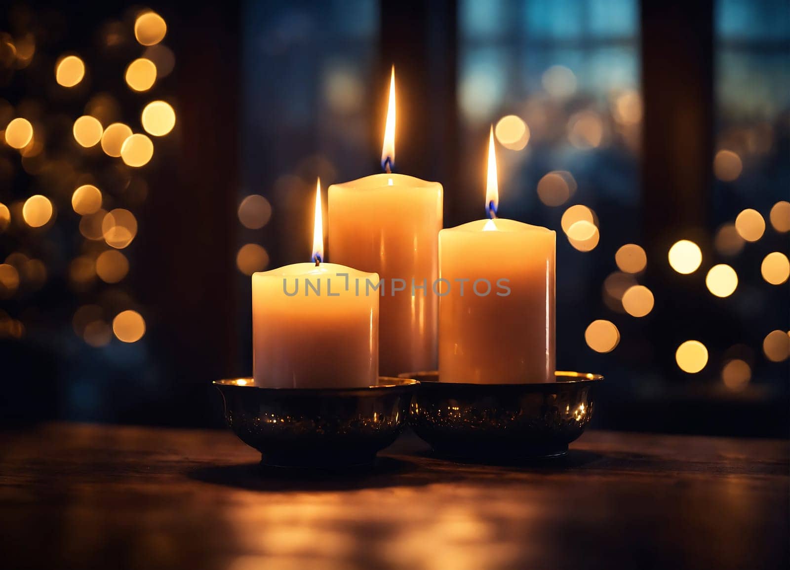 Three Lit Candles on Table by Window for a Cozy Ambiance. Generative AI. by artofphoto