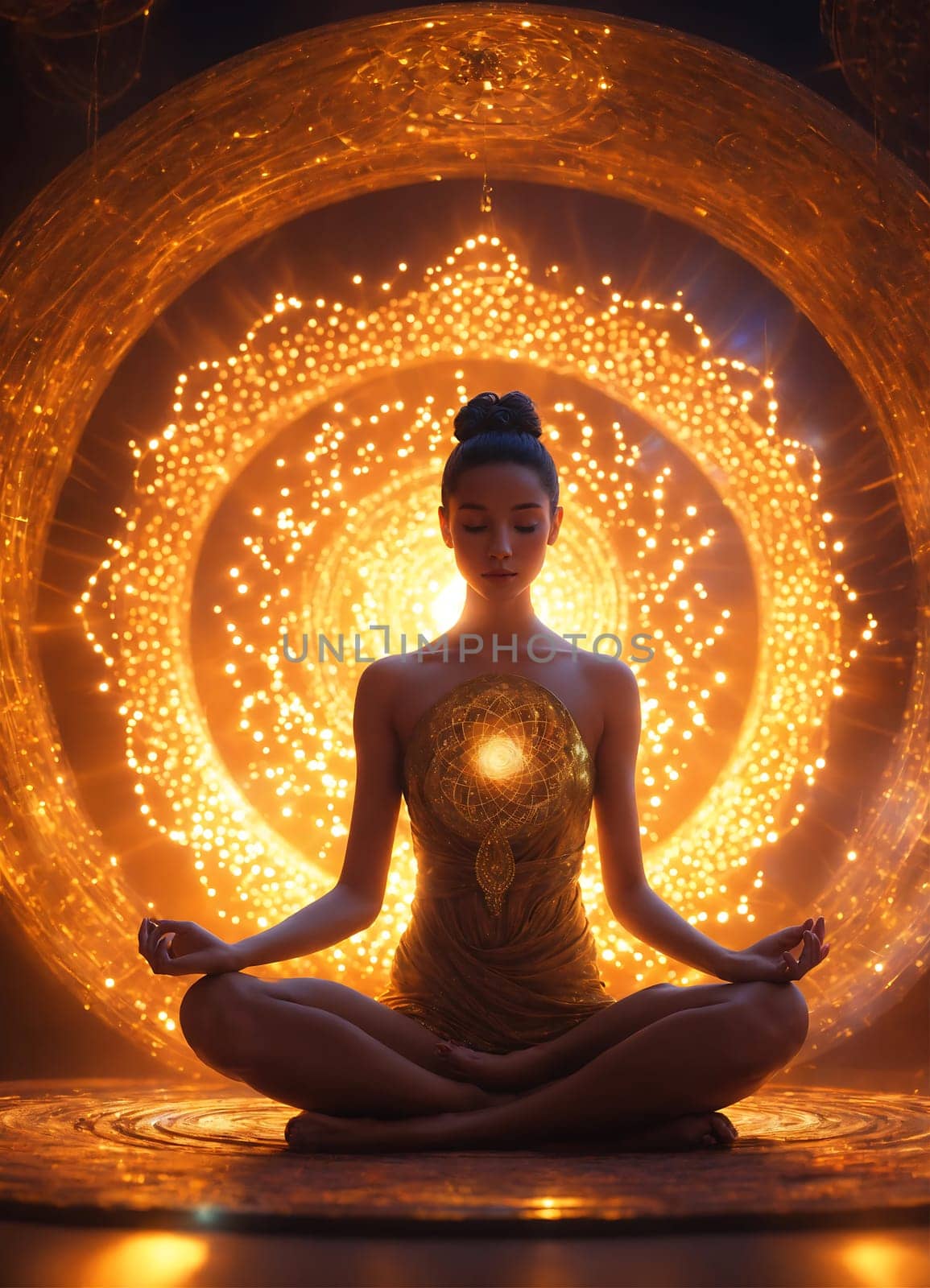 Woman Meditating in Lotus Position Under Circular Light. Generative AI. by artofphoto