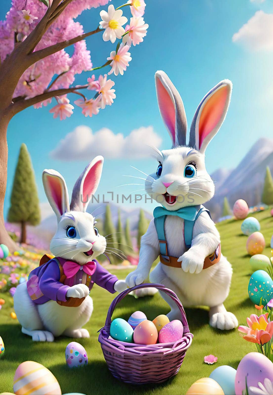 Easter bunny with basket of colorful eggs and flowers in the garden. by yilmazsavaskandag