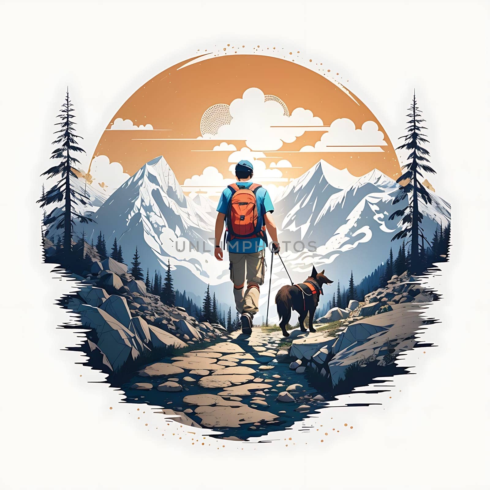A man walks his dog on a scenic mountain trail.