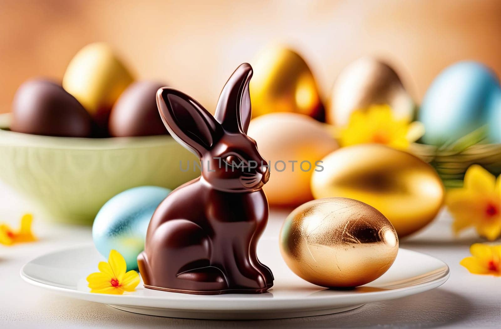 Easter concept. Chocolate Easter bunny on a white plate against a background of colorful Easter eggs. Close-up. Blurred background, soft focus.