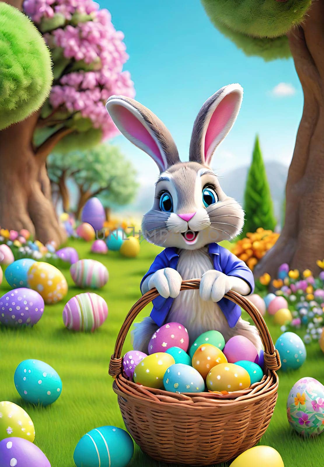 Easter bunny with basket of colorful eggs and flowers in the garden.Easter bunny with basket of easter eggs and flowers.Easter bunny with basket of eggs and spring flowers on the meadow.Vector illustration.Vector illustration of Happy Easter bunnies with basket full of eggs.