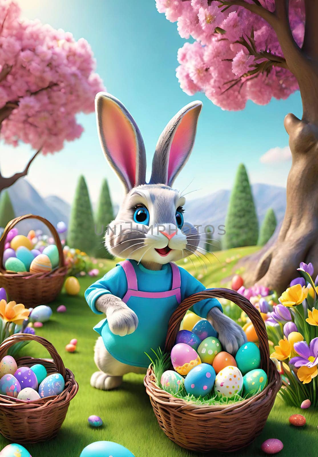 Easter bunny with basket of colorful eggs and flowers in the garden. by yilmazsavaskandag