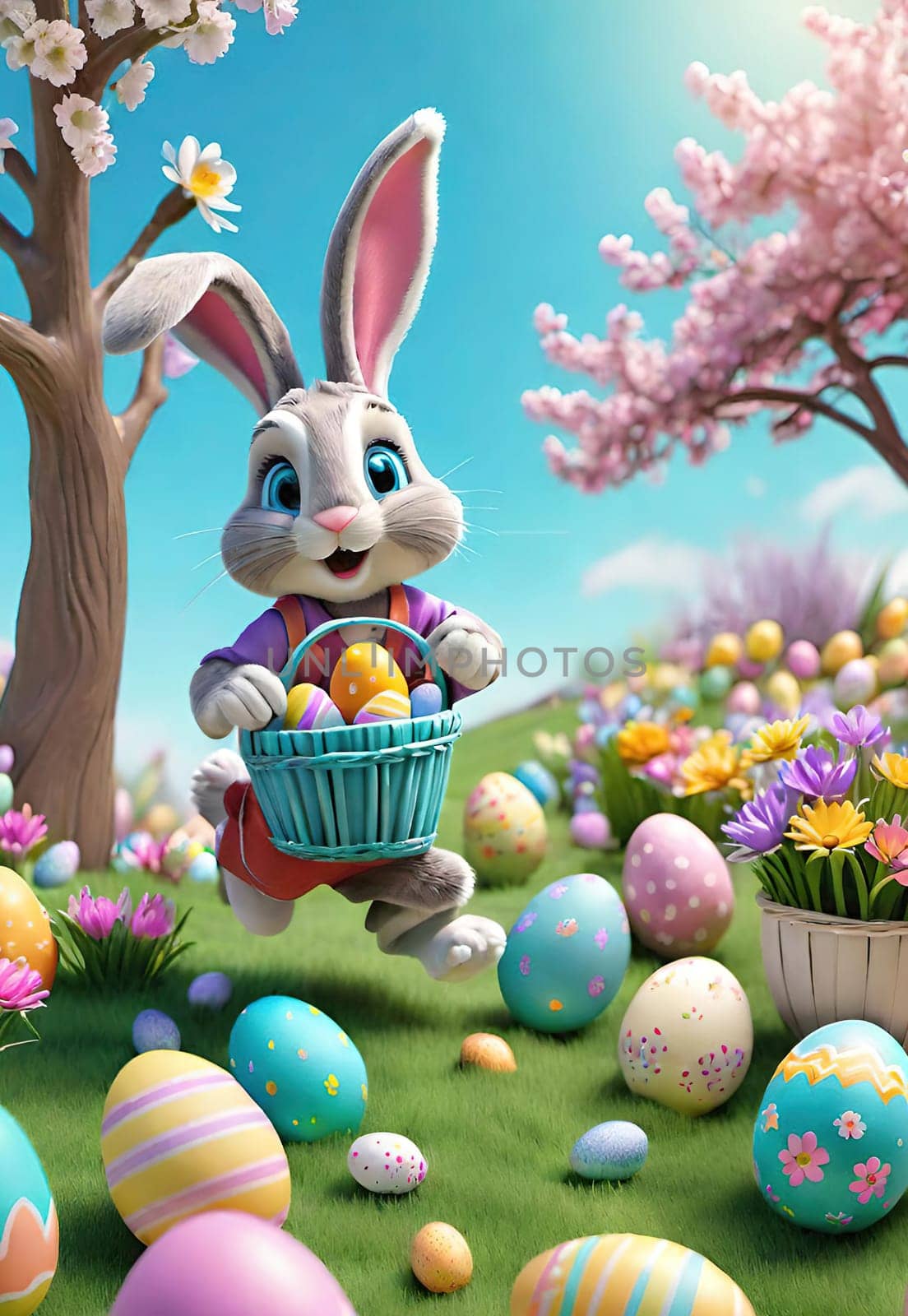 Easter bunny with basket of colorful eggs and flowers in the garden. by yilmazsavaskandag