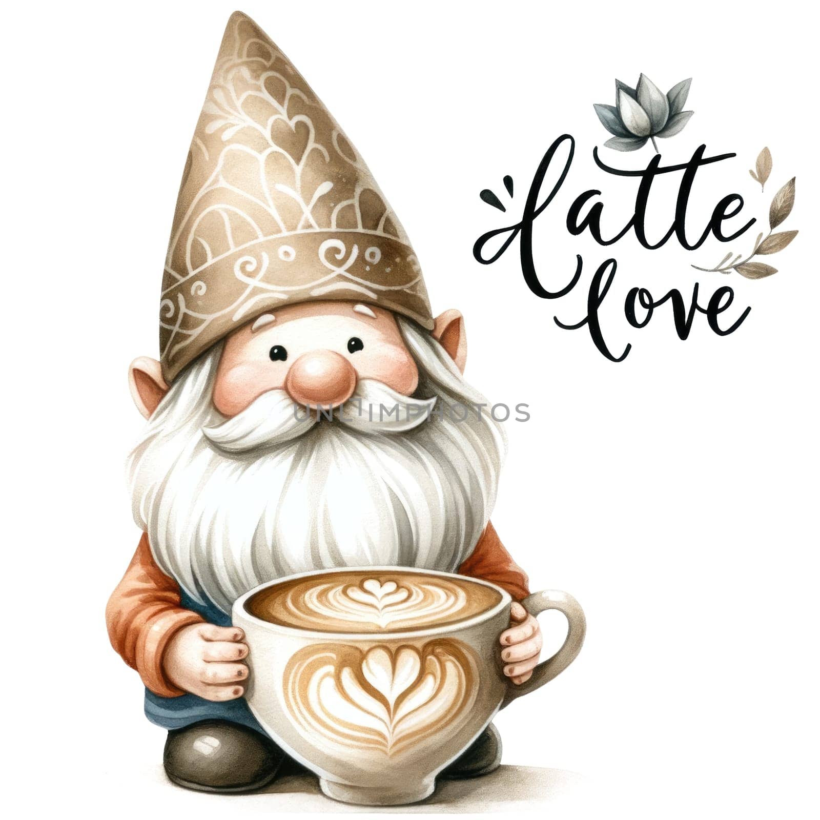 Watercolor coffee gnomes isolated on white background. Cute gnome greeting card. Vellichor.