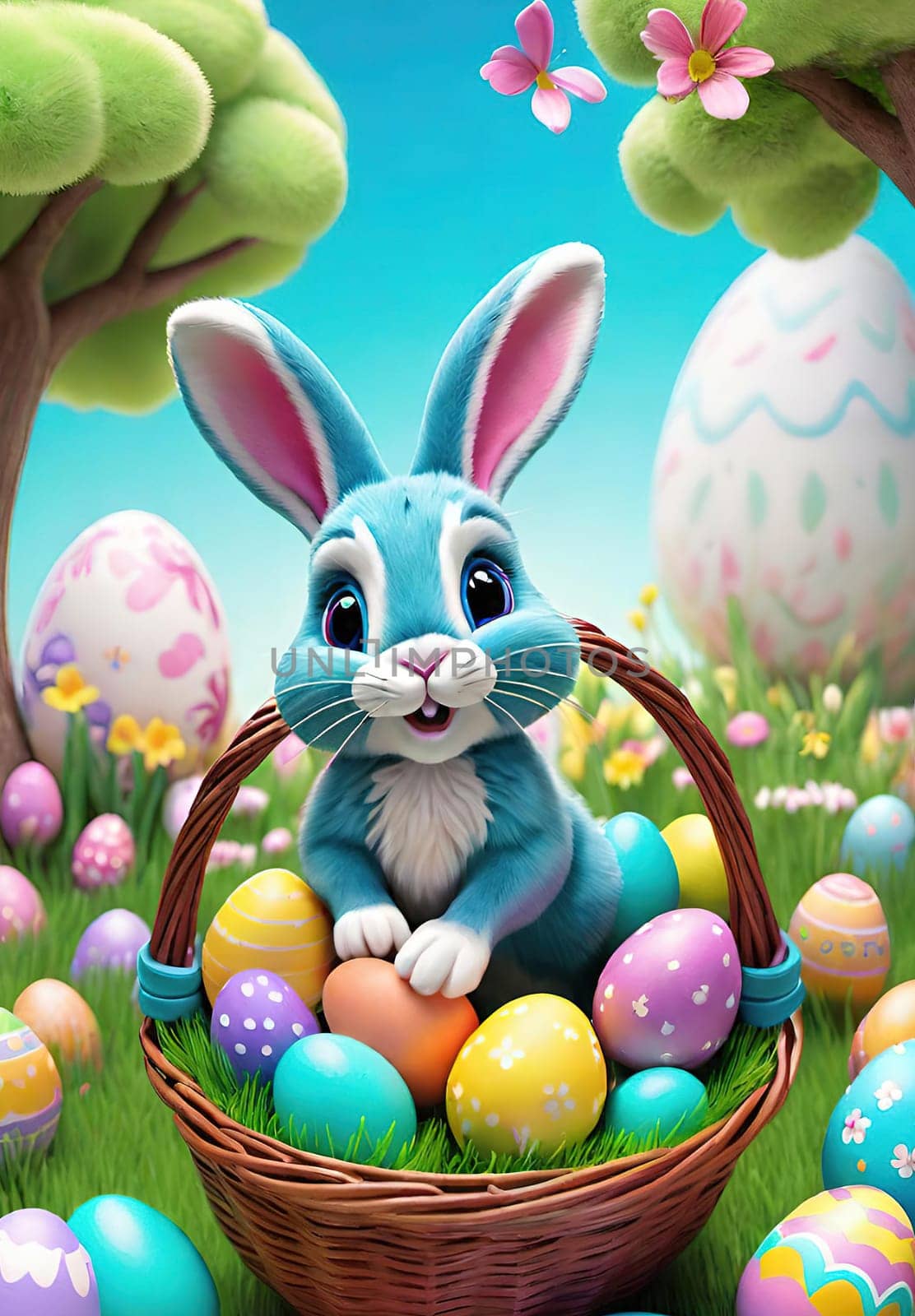 Easter bunny with basket of colorful eggs and flowers in the garden.Easter bunny with basket of easter eggs and flowers.Easter bunny with basket of eggs and spring flowers on the meadow.Vector illustration.Vector illustration of Happy Easter bunnies with basket full of eggs.