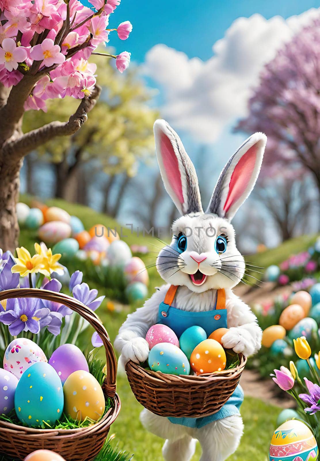 Easter bunny with basket of colorful eggs and flowers in the garden. by yilmazsavaskandag