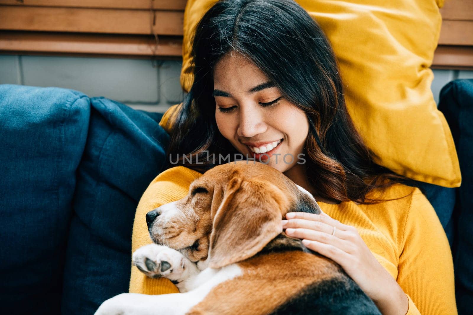 Embracing the concept of trust and love, a woman and her Beagle dog sleep together on the sofa in the living room. Their bond reflects the joy of being best friends forever. Pet love