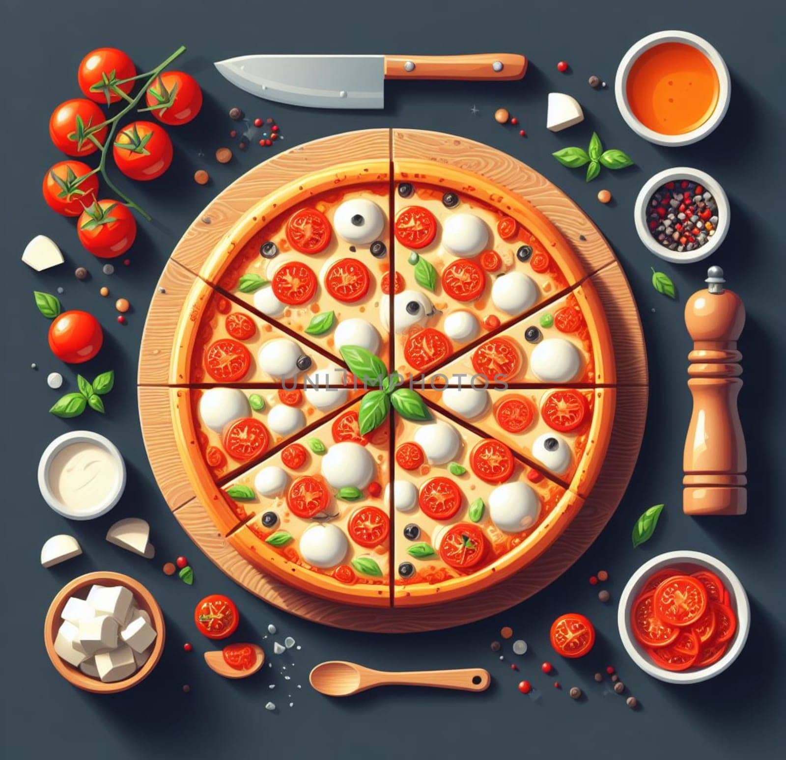 lay flat melted mozzarella cheese tomato and basil pizza ready to eat illustration ai generated