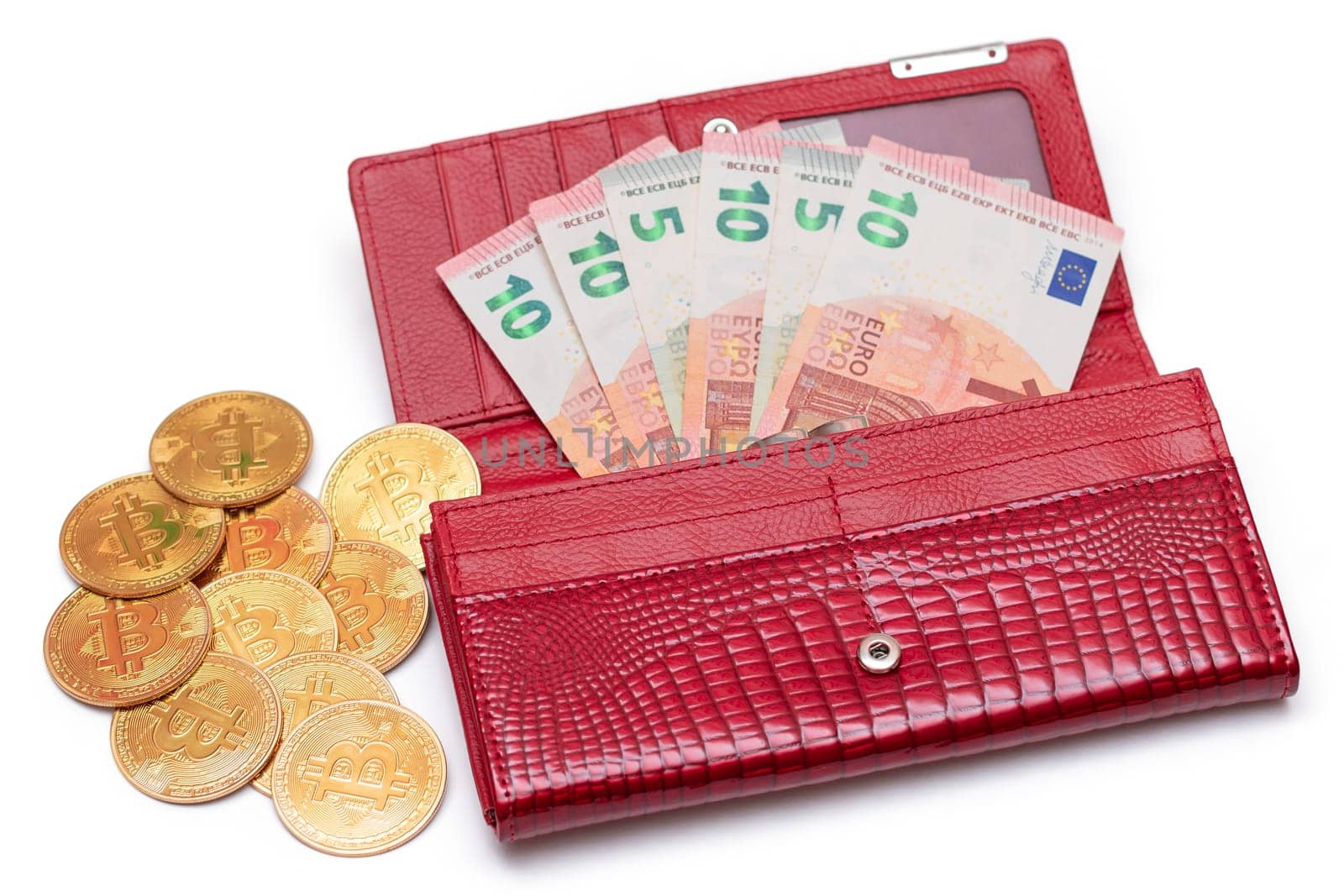Opened Red Women Purse with 10 Euro Banknotes Inside and Bitcoin Coins - Isolated on White Background. A Wallet Full of Money Symbolizing Wealth, Success, Shopping and Social Status - Isolation
