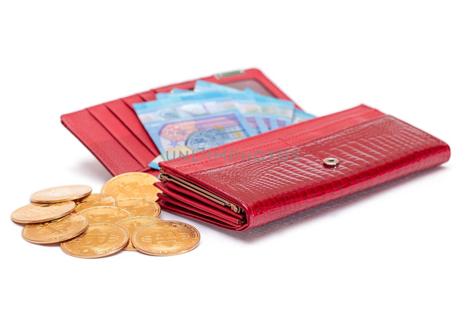 Opened Red Women Purse with 20 Euro Banknotes Inside and Bitcoin Coins - Isolation by InfinitumProdux