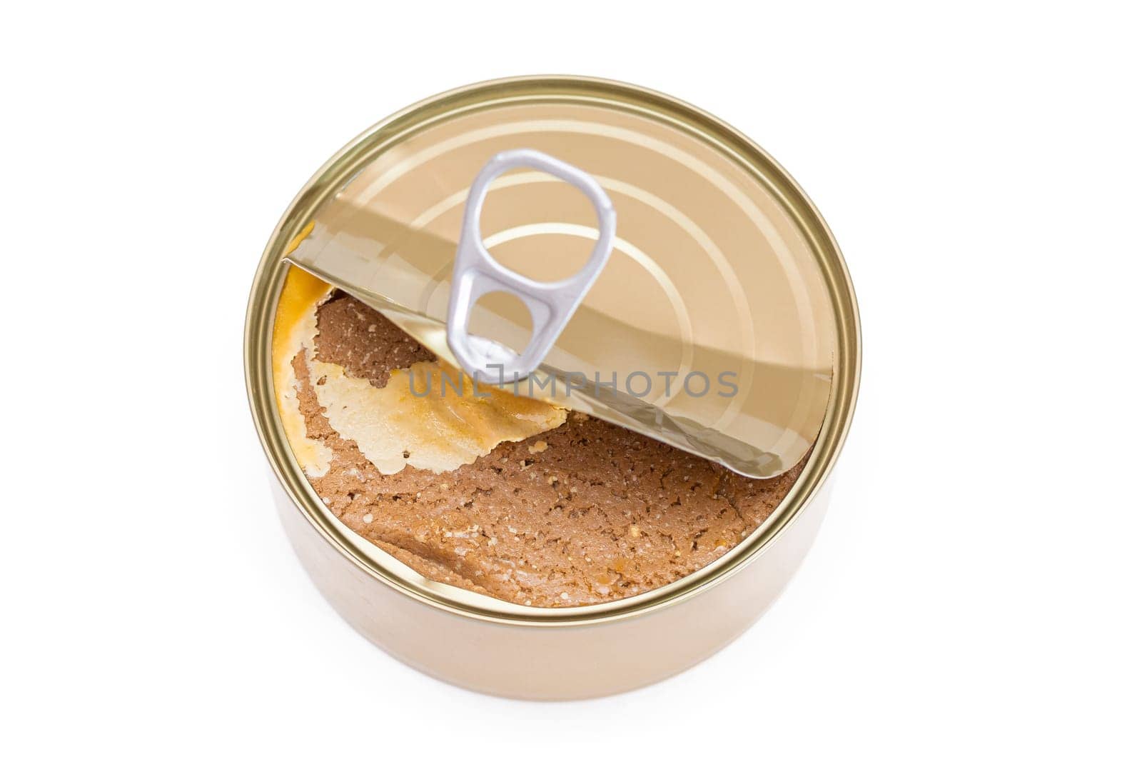 Opened Tin Can with Chicken Liver Pate Isolated on White Background by InfinitumProdux