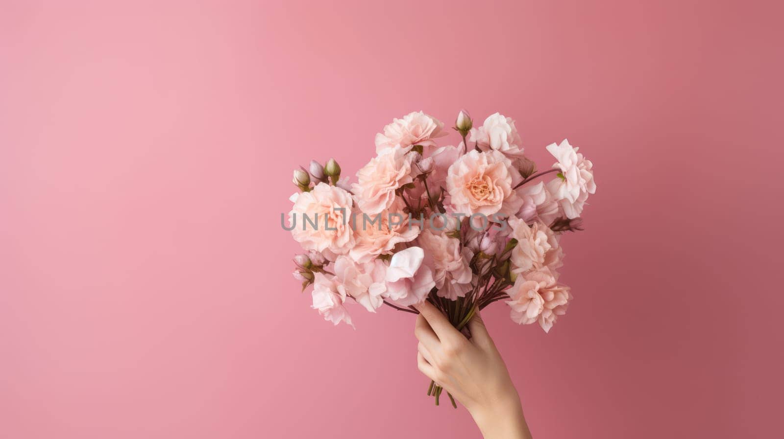 Blossoming Beauty: A Romantic Bouquet of Pink Peonies Held Lovingly by a Woman on a Floral Background by Vichizh