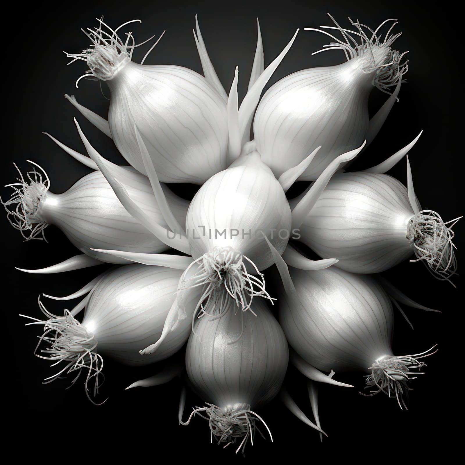 Organic Fresh Healthy Vegetables: A Closeup of Raw White Onion and Garlic Bulbs on a Dark Wooden Table by Vichizh