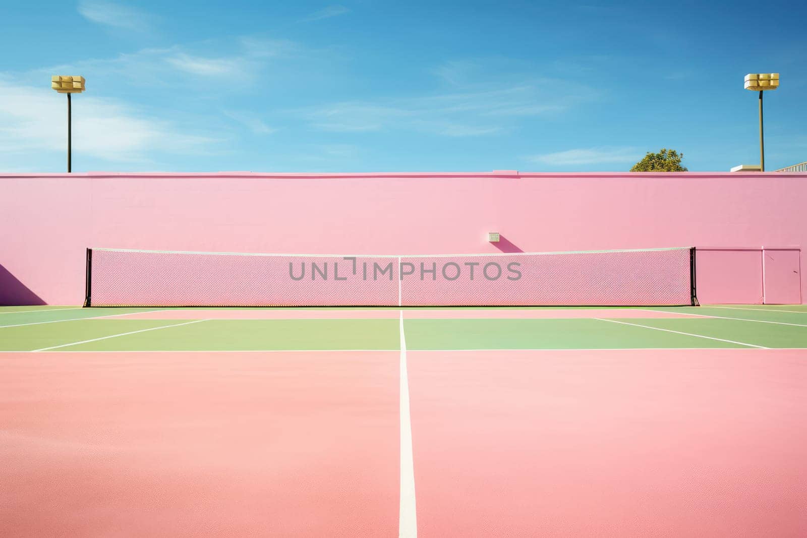 Active leisure in nature: Professional tennis match on a clay court with a vibrant red surface, set against a beautiful blue sky and green field. Empty court with players engaged in intense competition, showcasing technique and skill. Tennis equipment, whi by Vichizh