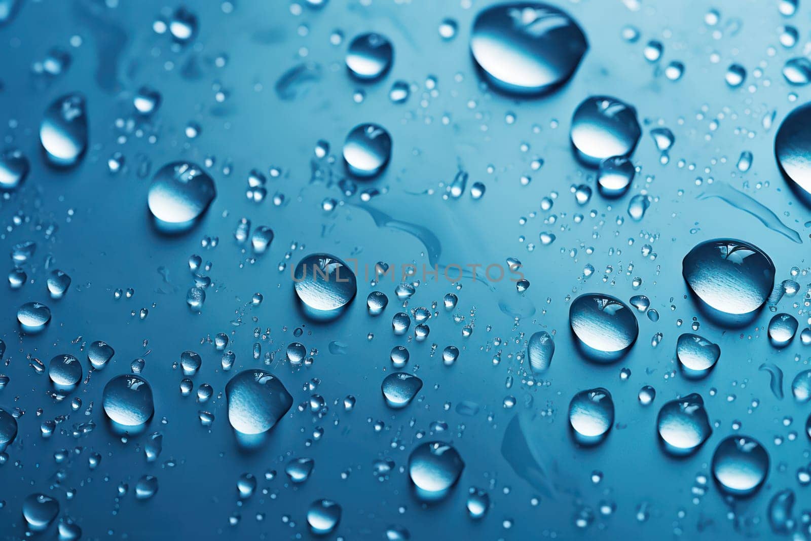 Refreshing Raindrop: A Bright, Pure Sphere of Cool Blue Rainwater on a Smooth, Clean Glass Surface with Abstract Patterns and Transparent Texture, Creating a Fresh and Relaxing Environment by Vichizh