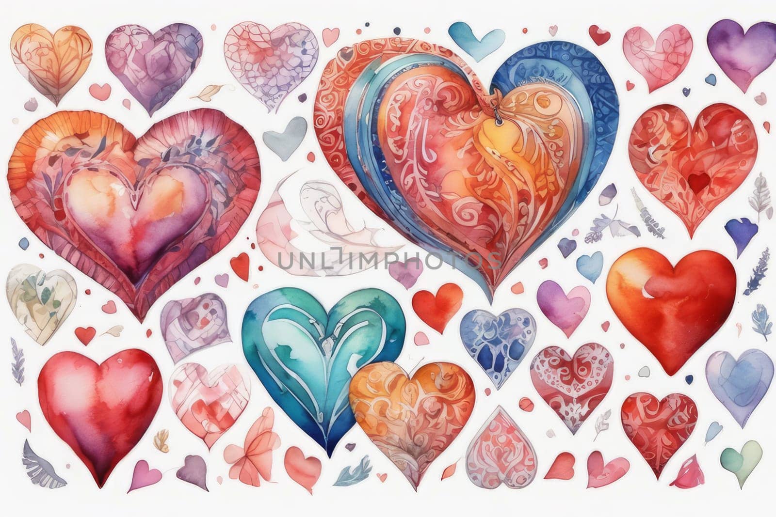 Paining different colorful hearts set. Hand drawn. Generative AI by Annu1tochka