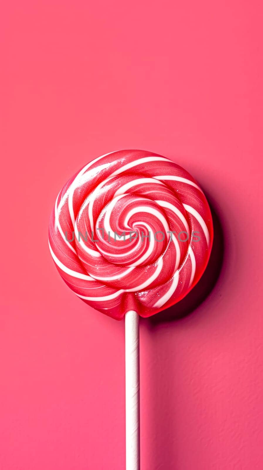 Red and white swirled lollipop on a bright pink background. by Edophoto