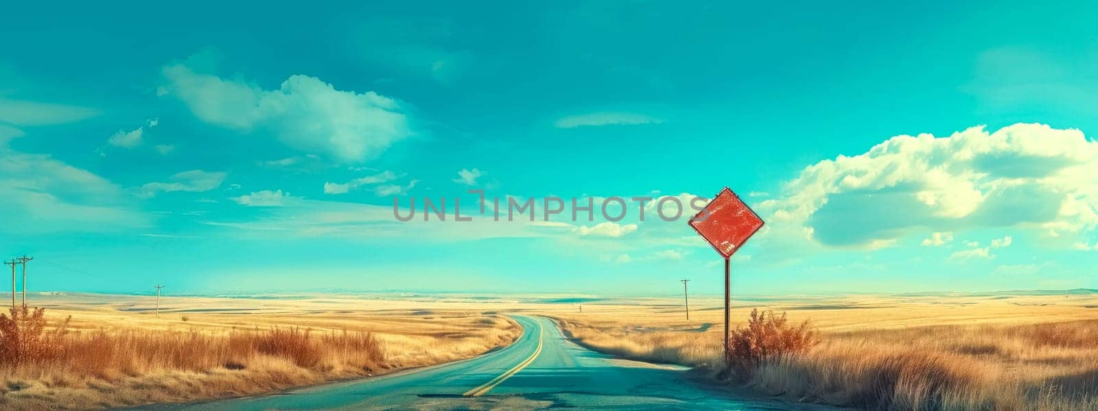 Rural crossroads with a weathered stop sign under a vast blue sky with clouds. banner with copy space