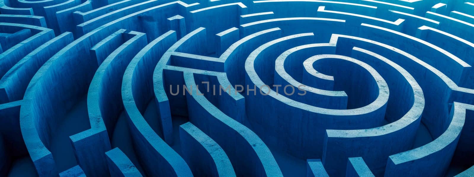 Overhead view of a complex circular maze in monochromatic blue tones. banner