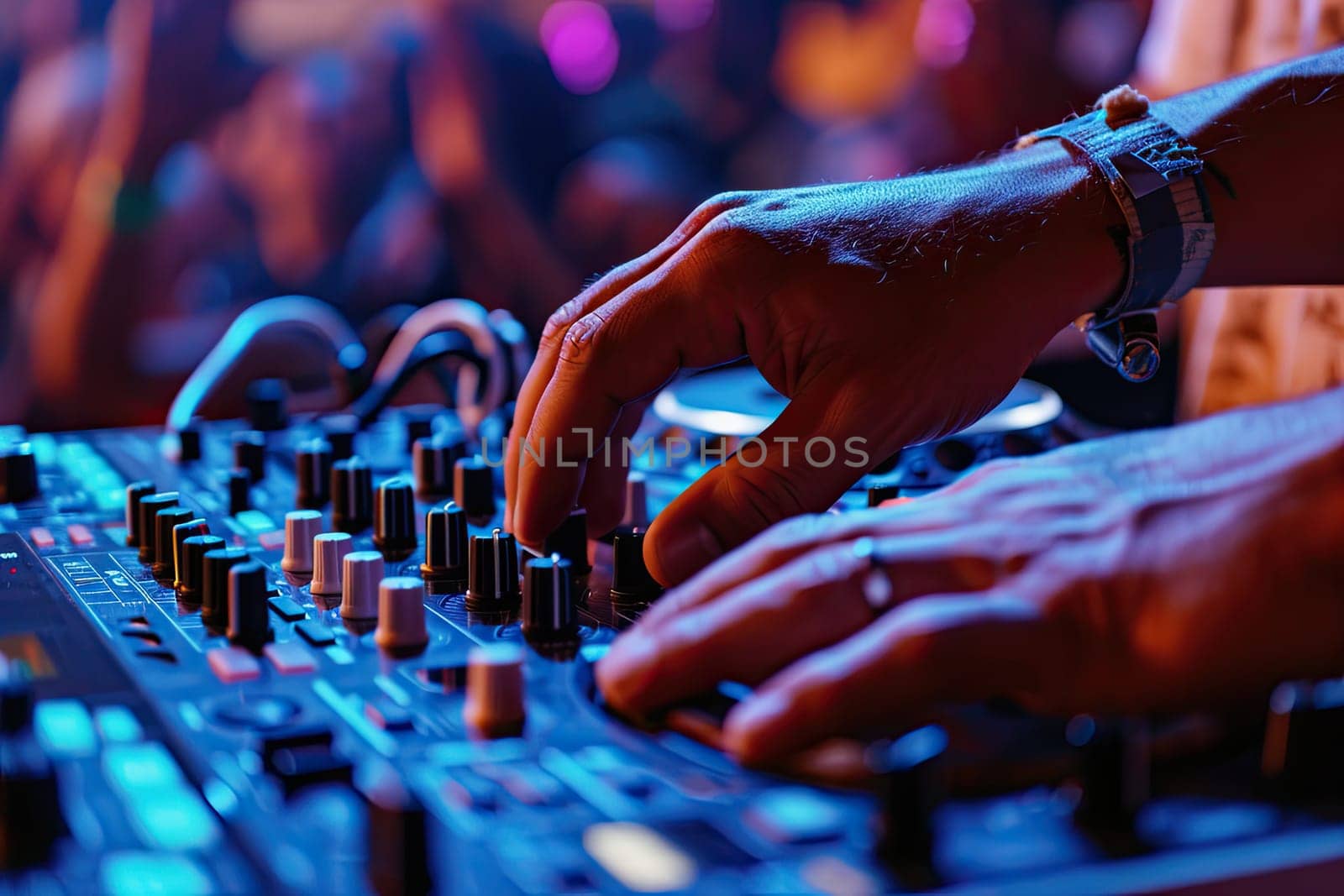 Close up of DJ hands controlling a music table in a crowded night club.