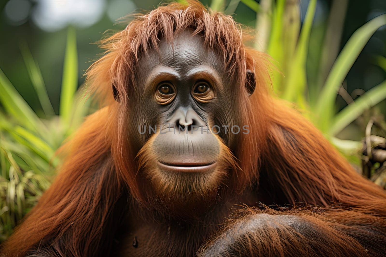 Close-up portrait of an orangutan monkey on a green grass background.