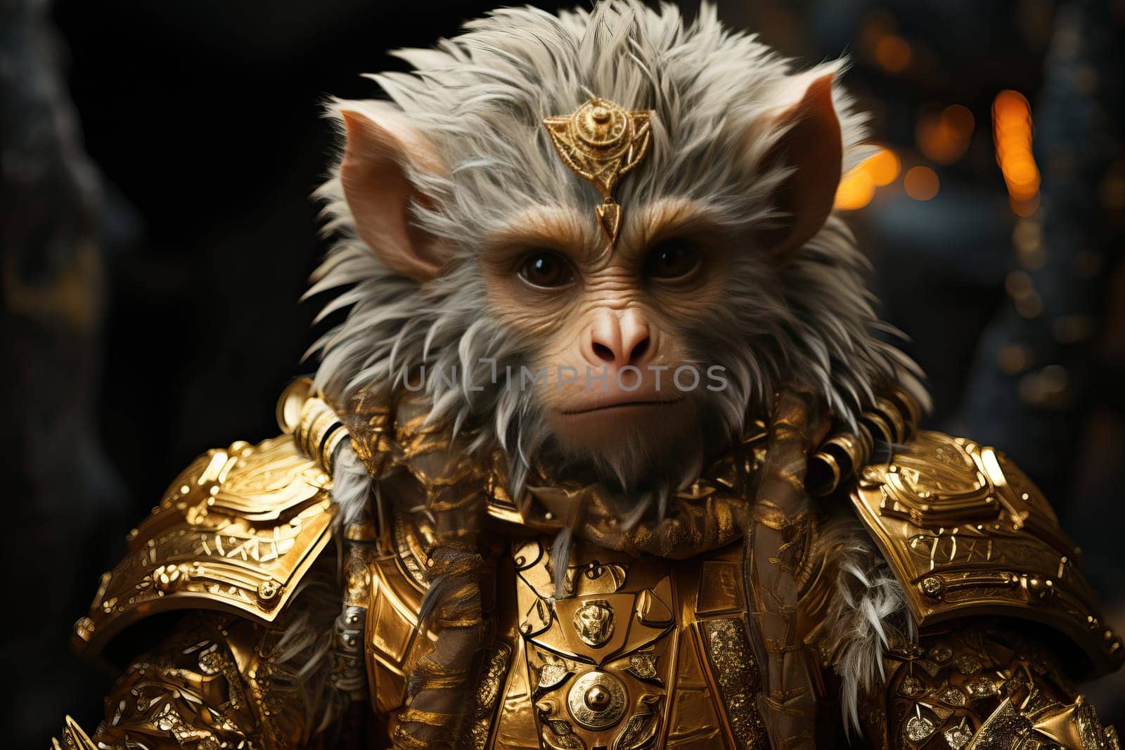 A small white monkey dressed in a golden uniform, a warrior monkey.
