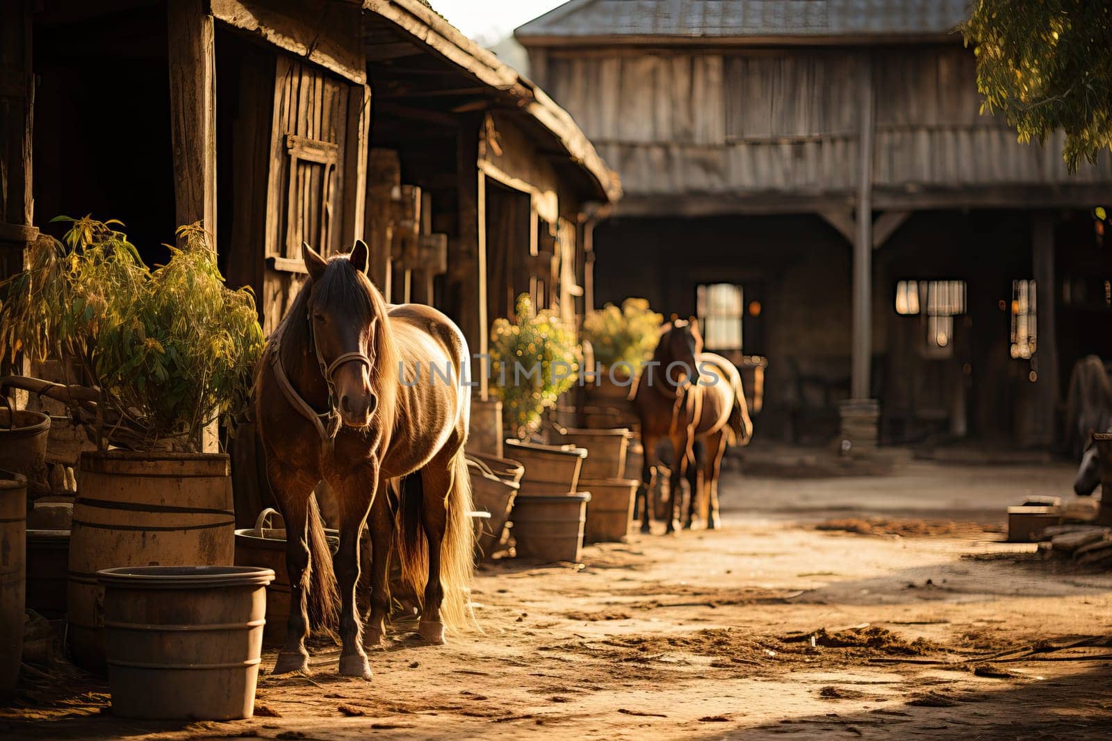 An old stable with horses, a cozy country stable with hay and various accessories.