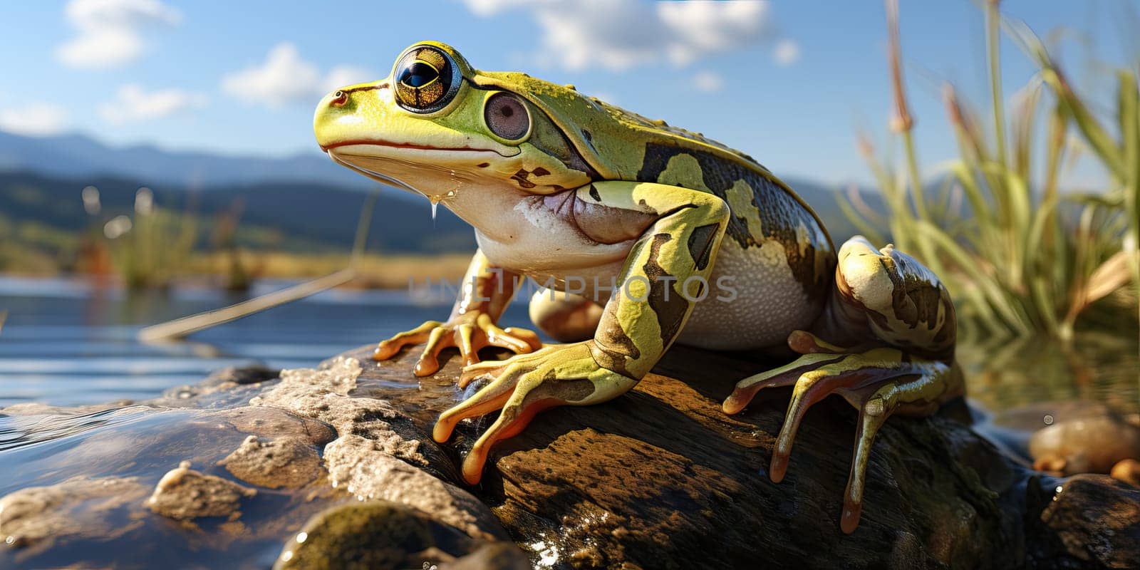 A small green frog sits near a pond. by Niko_Cingaryuk