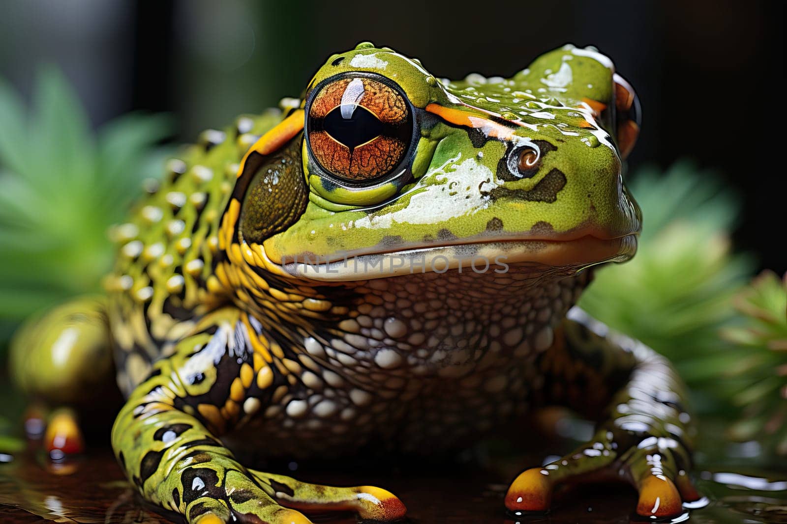 A small green frog sits near a pond. by Niko_Cingaryuk