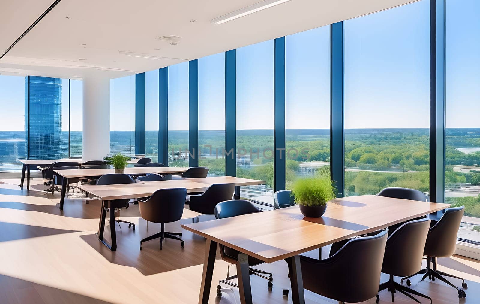 The interior of a modern empty office building with tables and chairs. Floor-to-ceiling windows.