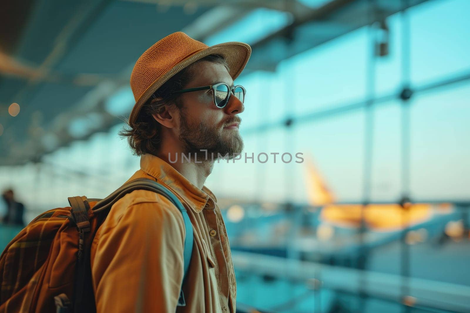 Traveler at airport terminal. Travel concept. Generative AI.