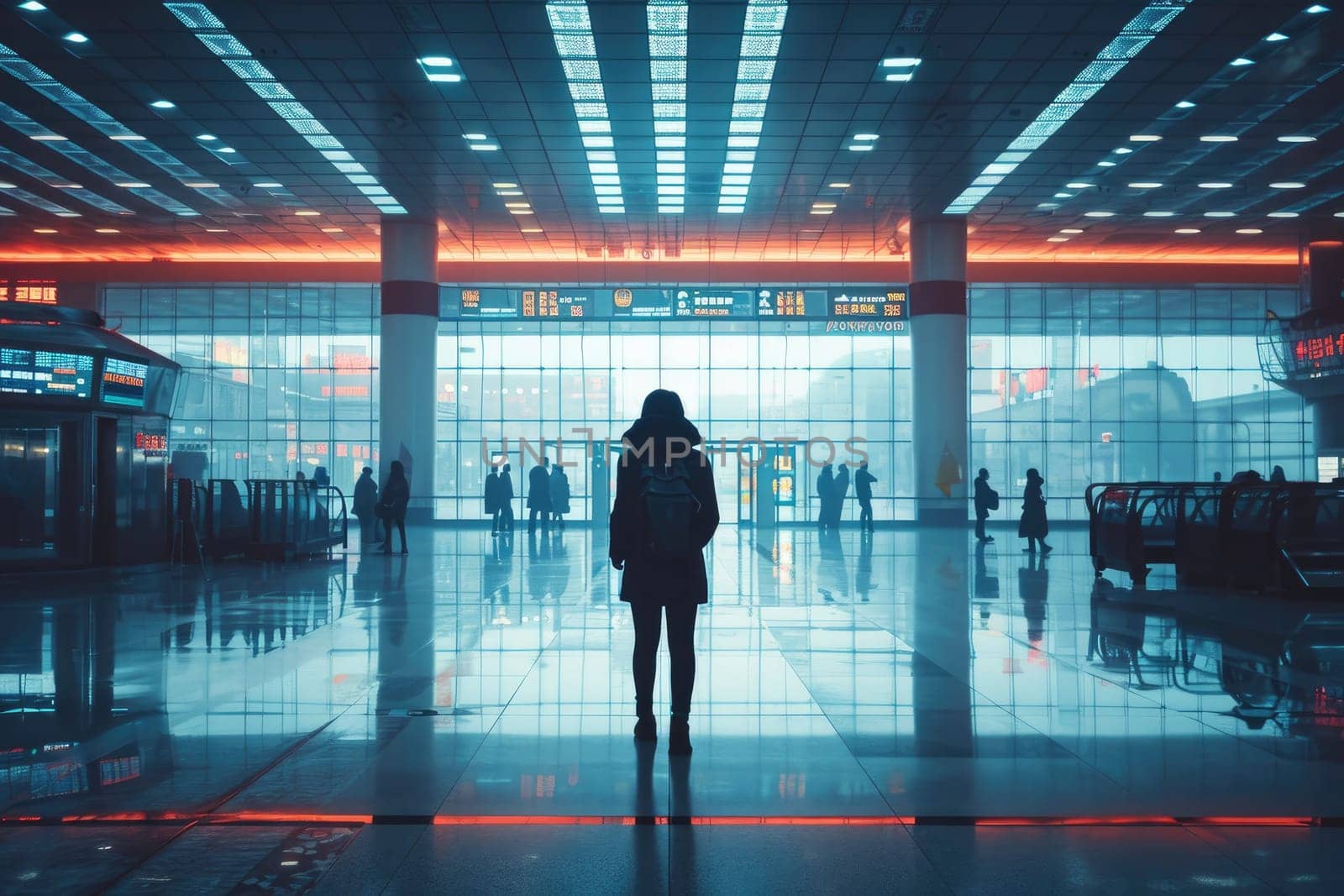 Traveler at airport terminal. Travel concept. Generative AI by itchaznong