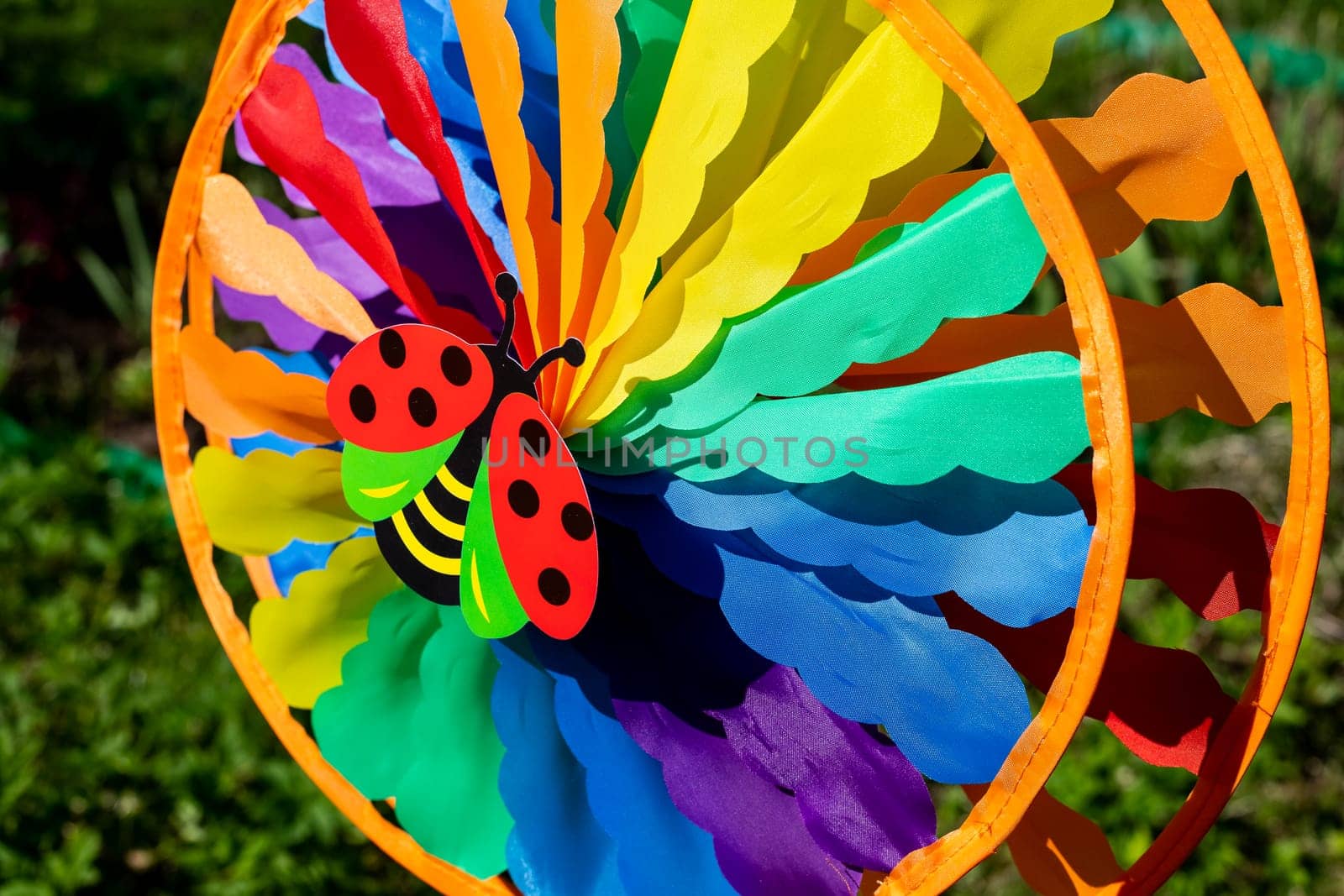 spinner toy on green nature background.multi colored round pinwheel in motion, in sunny garden. Big round rainbow pinwheel in motion. by YuliaYaspe1979