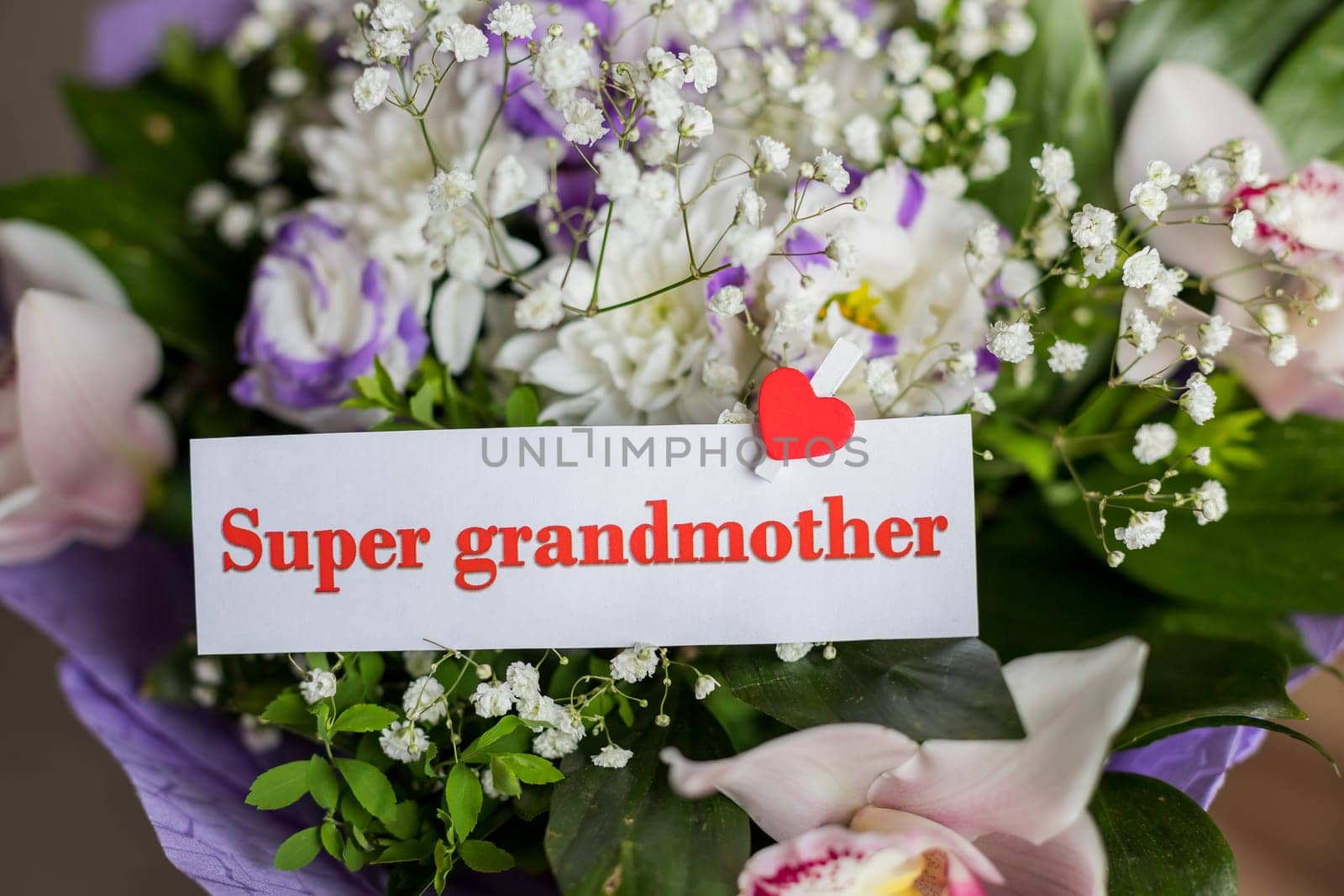 Grandparents Day. Greeting Card with Flowers and Text - You are my super grandmom. bouquet of different flowers and orchids for best grandma. Super grandmother card. by YuliaYaspe1979