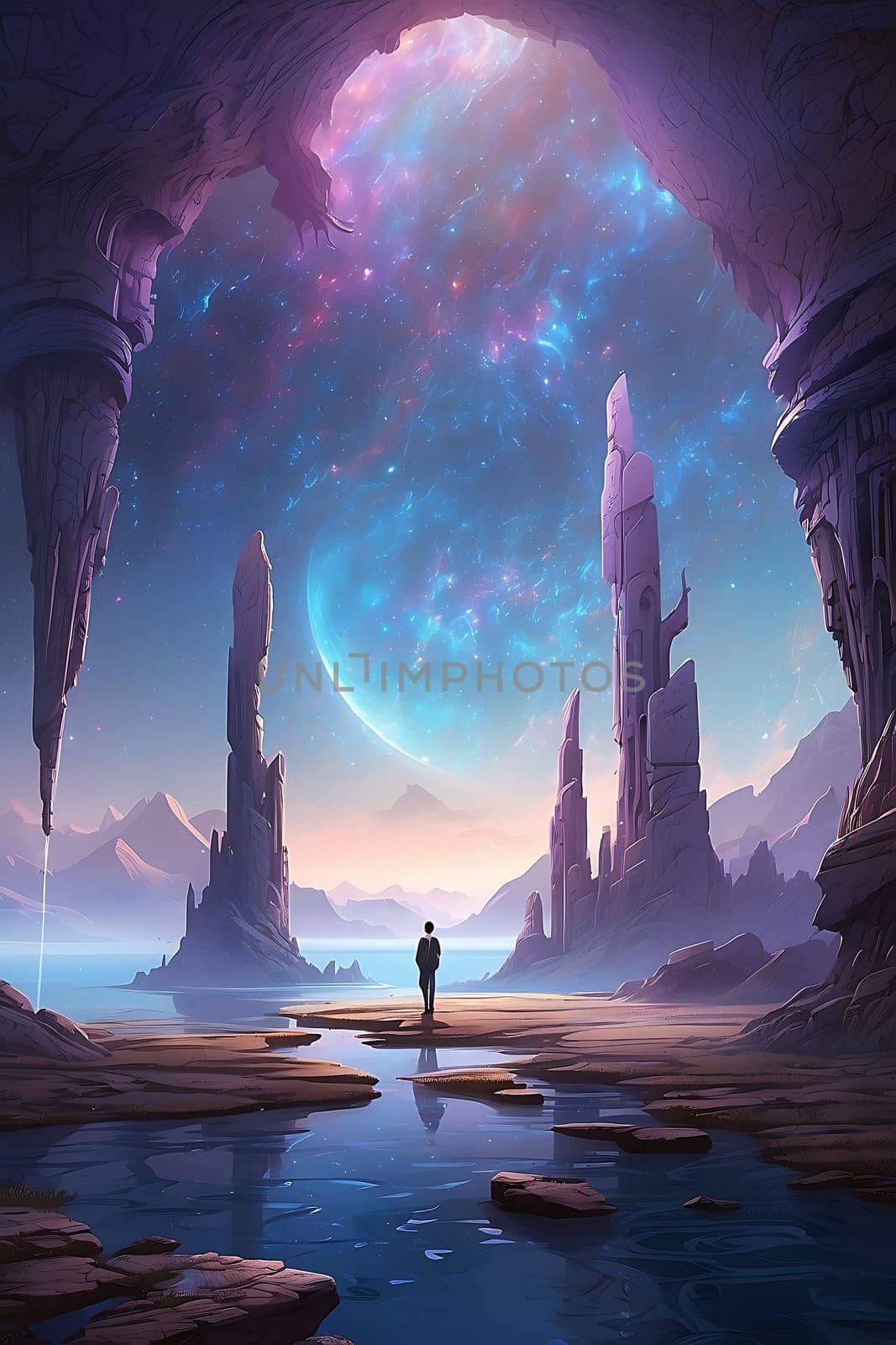 A lone man stands in a cave, captivated by the expanse of the sky above him.