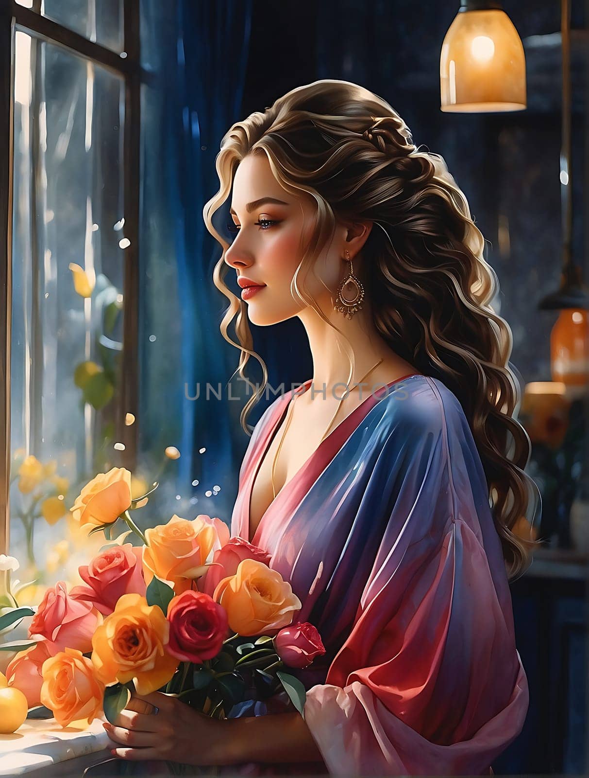 A captivating painting of a woman gracefully holding a bouquet of vibrant flowers.