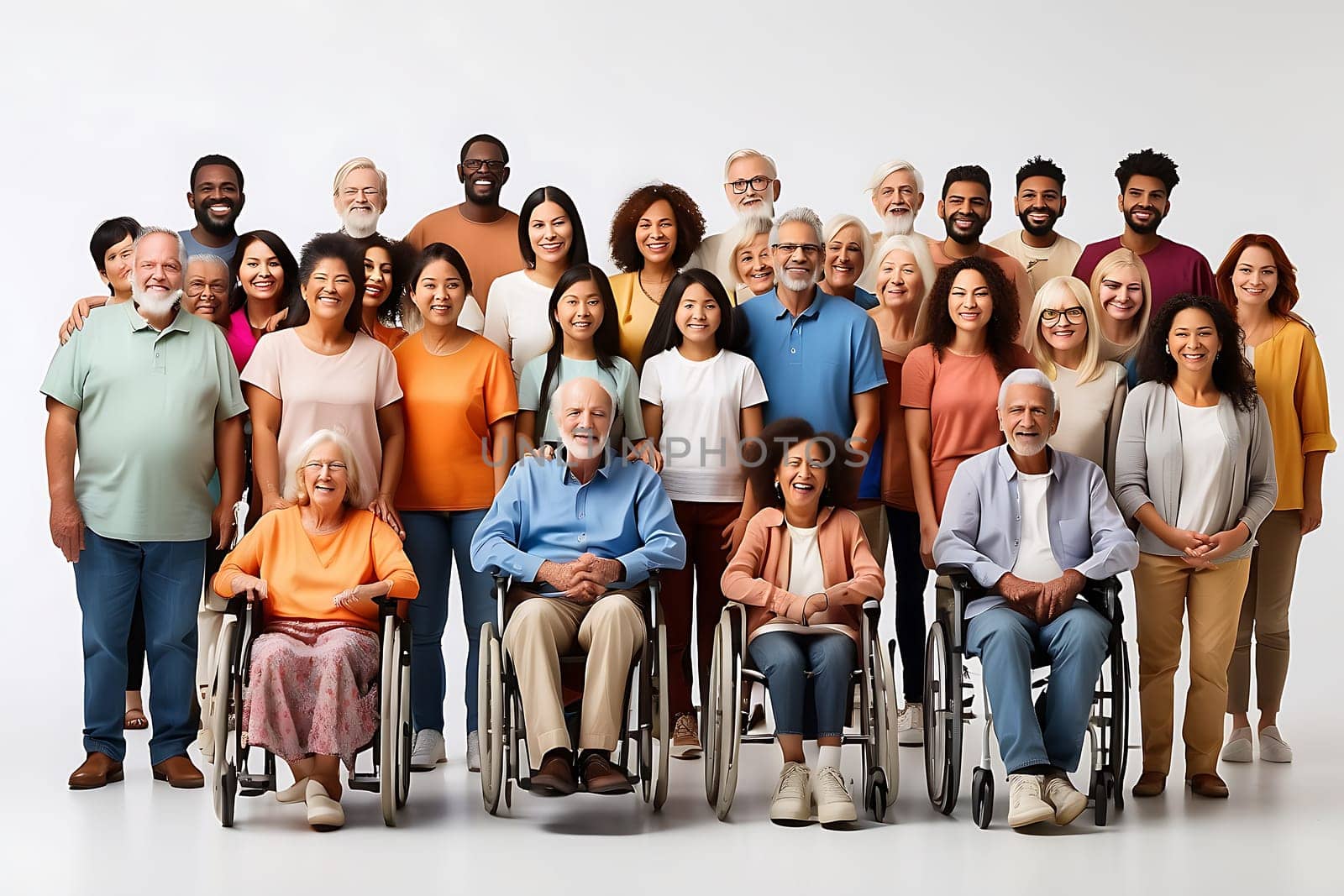 A diverse group of individuals in wheelchairs lined up for a photo at an event.